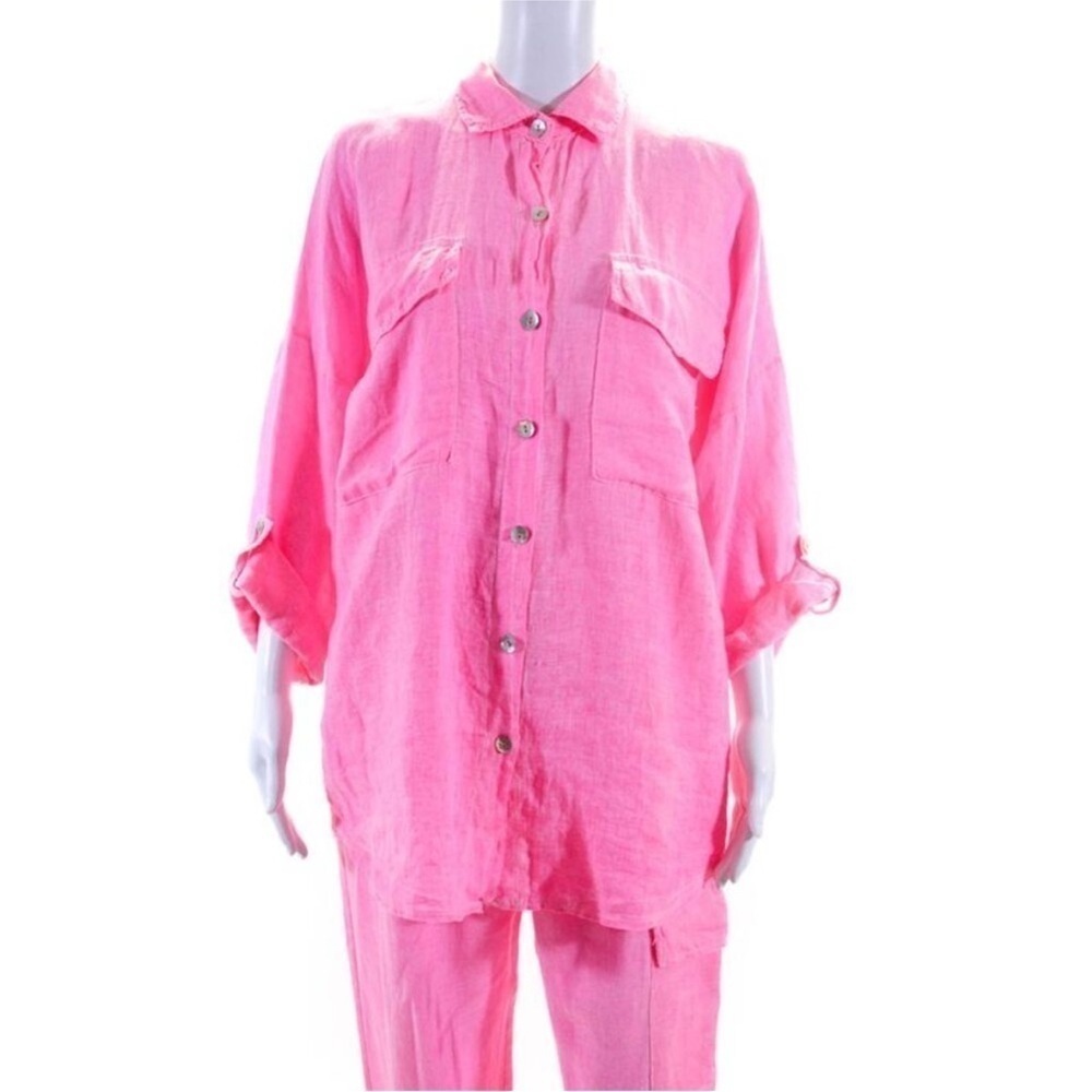 Alexandre Laurent Womens Linen Button Up Blouse Pants Set Neon Pink Size L - Picture 2 of 8